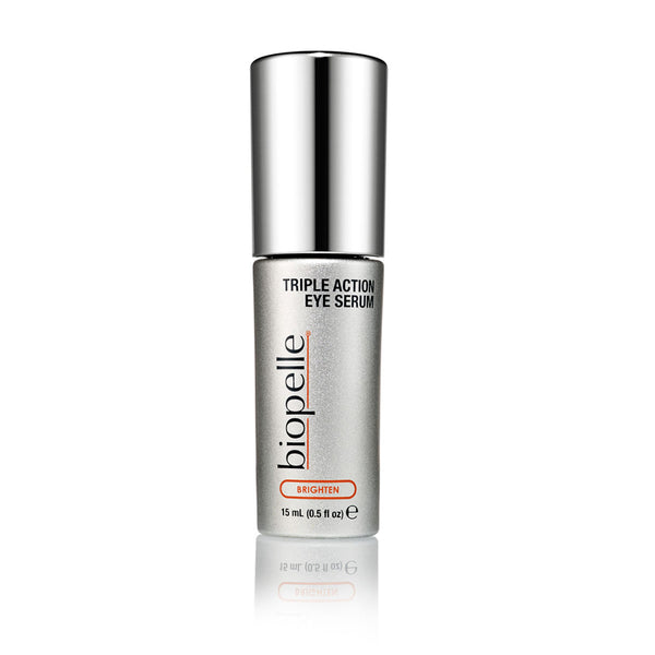 Biopelle Triple Action Eye Serum 0.5 fl oz 15mL – Brighten collection eye serum in silver metallic bottle with silver cap to target dark circles, puffiness and fine lines