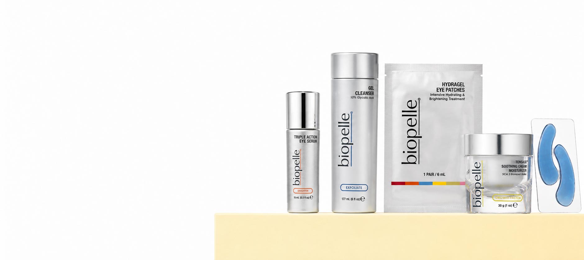 A set of Biopelle skincare products arranged on a pale yellow platform against a white background, including a silver bottle, a tall white bottle, a white eye patch packet, a small jar, and two blue eye patches.