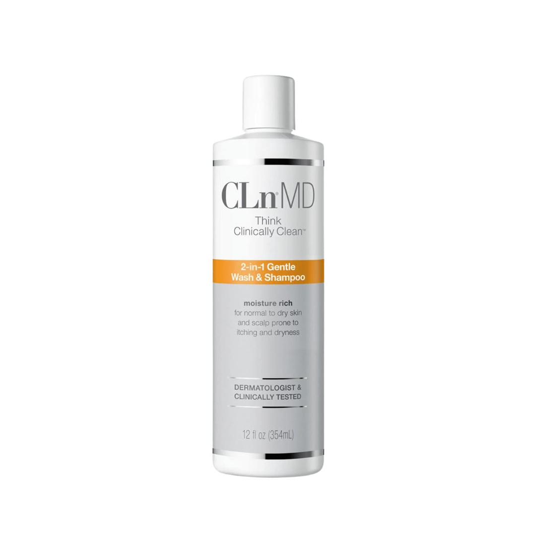 CLn 2-in-1 Gentle Wash & Shampoo 12 fl oz bottle, moisture rich formula for normal to dry skin and scalp prone to itching and dryness