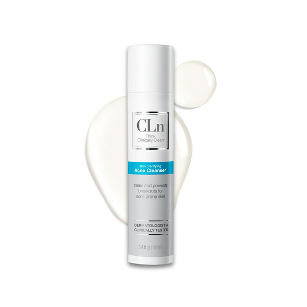 CLn Acne Cleanser 3.4 fl oz travel-size bottle, skin clarifying formula that clears and prevents breakouts for acne prone skin