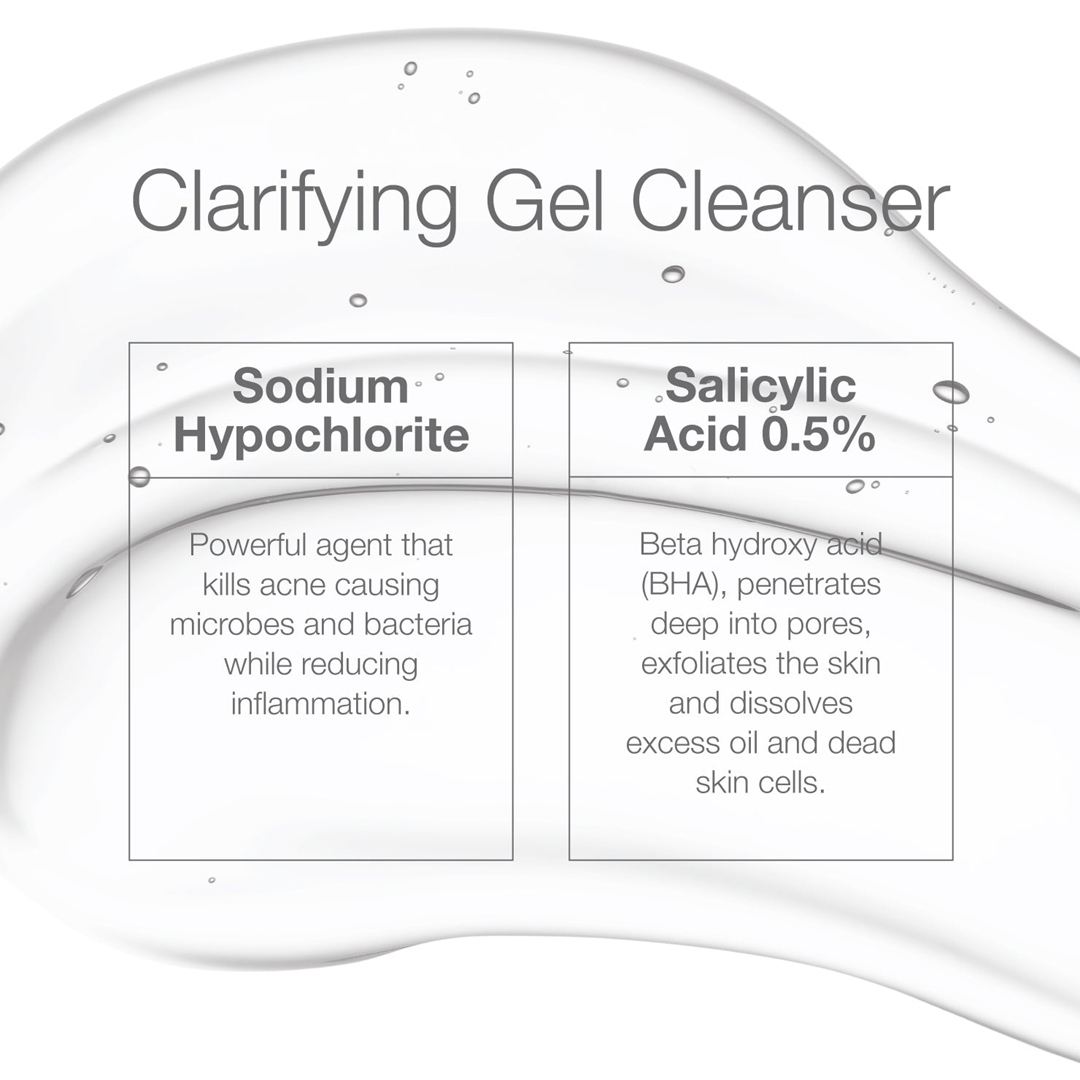 CLn Acne Cleanser clarifying gel cleanser ingredients: sodium hypochlorite, a powerful agent that kills acne causing microbes and bacteria while reducing inflammation, and salicylic acid 0.5% beta hydroxy acid that penetrates deep into pores, exfoliates skin and dissolves excess oil and dead skin cells