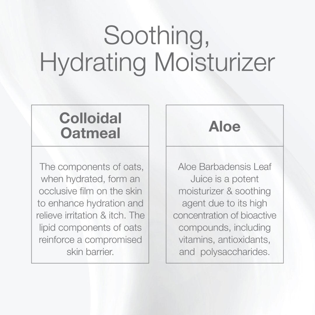 CLn Body Moisturizer key ingredients for soothing hydrating relief: colloidal oatmeal forms an occlusive film on the skin to enhance hydration and relieve irritation and itch while reinforcing a compromised skin barrier, aloe barbadensis leaf juice is a potent moisturizer and soothing agent with vitamins, antioxidants and polysaccharides
