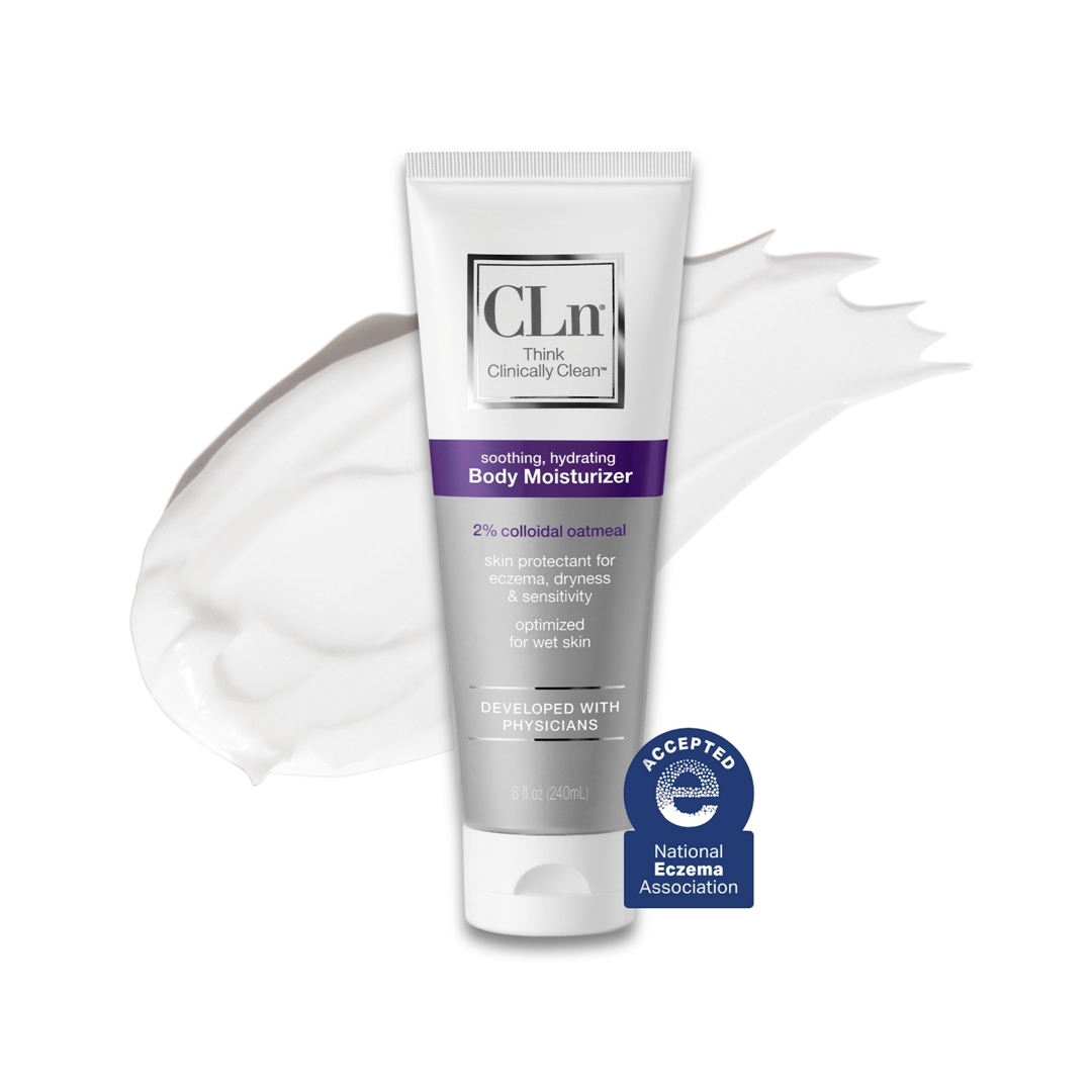 CLn Body Moisturizer 8 fl oz tube, soothing hydrating formula with 2% colloidal oatmeal skin protectant for eczema, dryness and sensitivity, National Eczema Association accepted