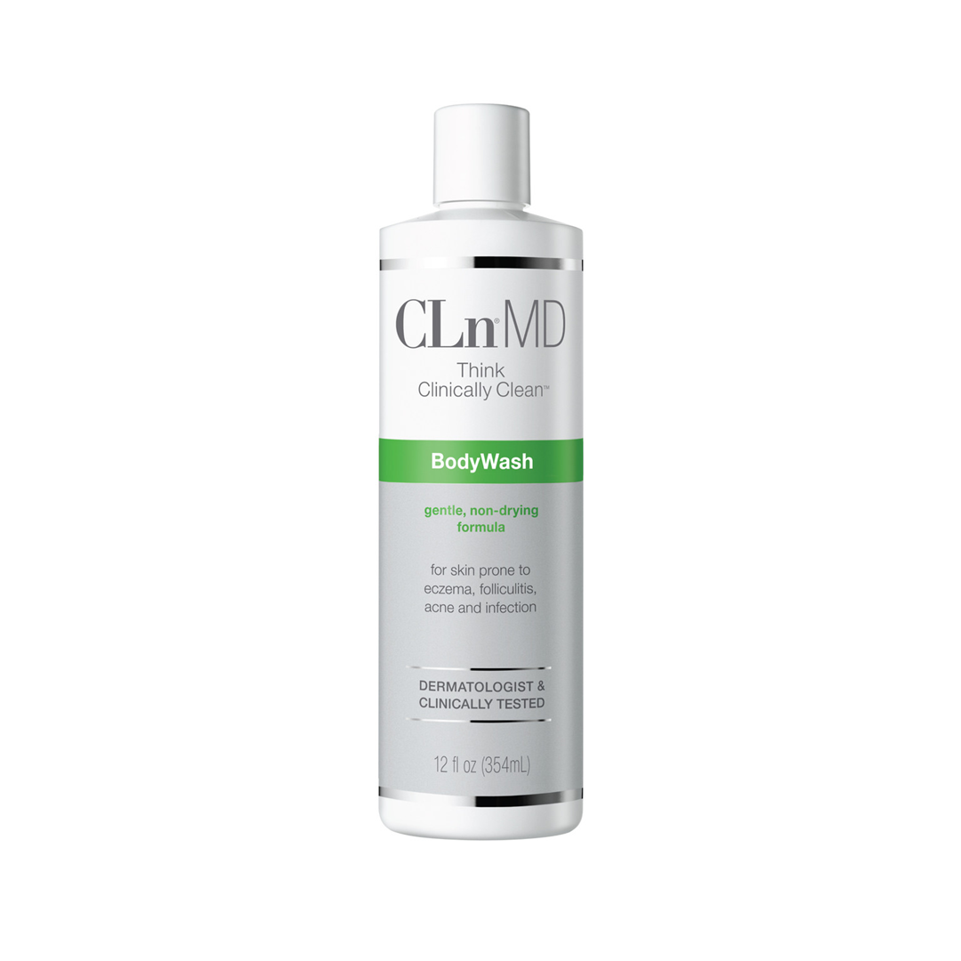 CLn BodyWash 12 fl oz bottle, gentle non-drying formula for skin prone to eczema, folliculitis, acne and infection