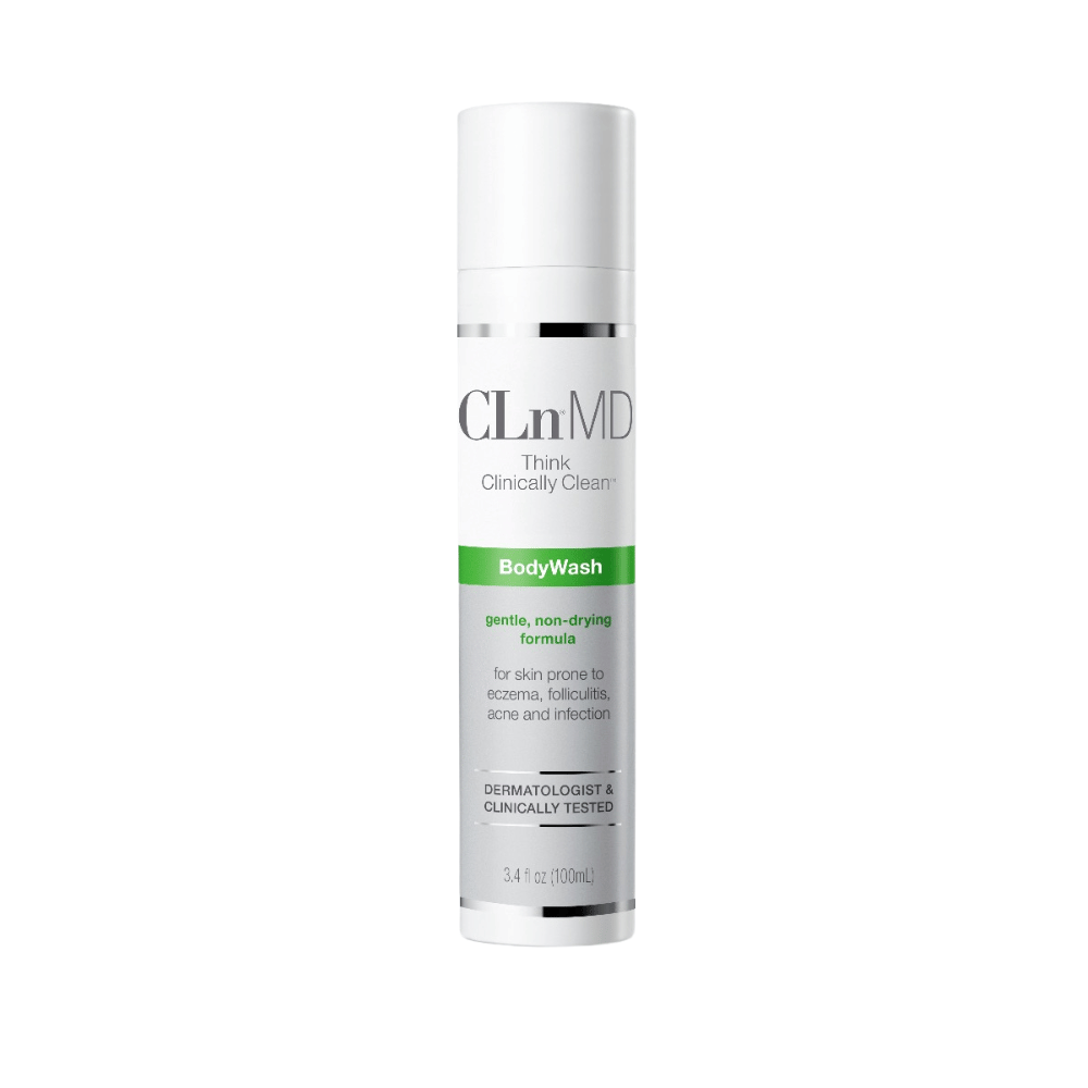 CLn BodyWash 3.4 fl oz travel-size bottle, gentle non-drying formula for skin prone to eczema, folliculitis, acne and infection