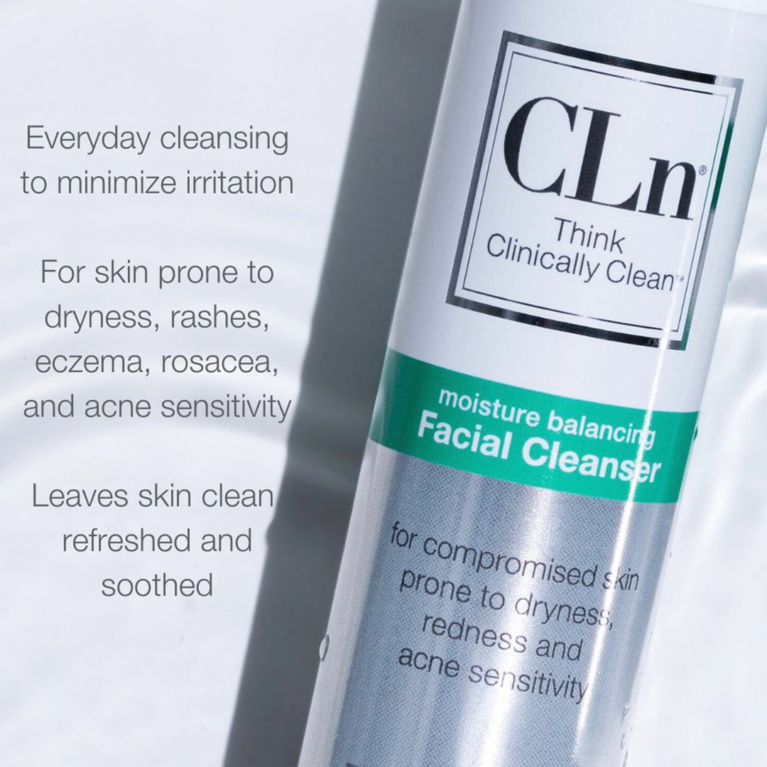 CLn Facial Cleanser bottle close-up with benefits: everyday cleansing to minimize irritation, for skin prone to dryness rashes eczema rosacea and acne sensitivity, leaves skin clean refreshed and soothed