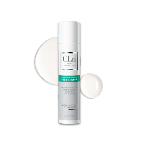 CLn Facial Cleanser 3.4 fl oz bottle, moisture balancing formula for compromised skin prone to dryness, redness and acne sensitivity