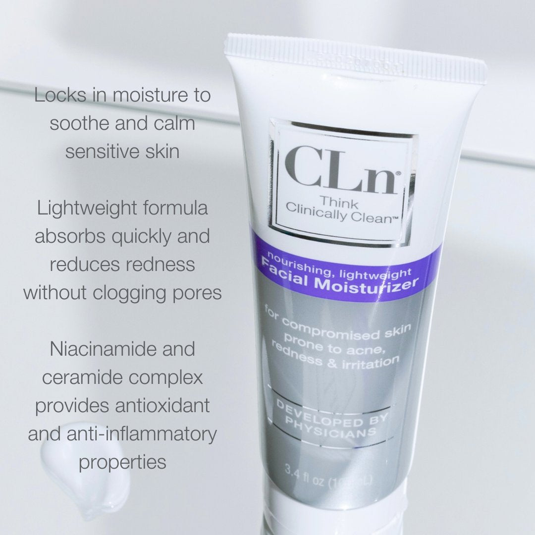 CLn Facial Moisturizer tube with key benefits: locks in moisture to soothe and calm sensitive skin, lightweight formula absorbs quickly and reduces redness without clogging pores, niacinamide and ceramide complex provides antioxidant and anti-inflammatory properties