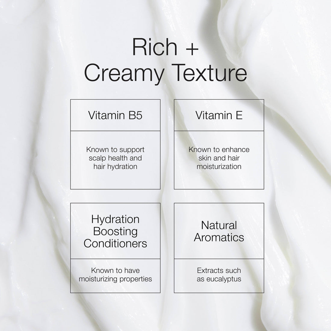 Rich creamy texture of CLn Hair & Scalp Mask with key ingredients: vitamin B5 known to support scalp health and hair hydration, vitamin E known to enhance skin and hair moisturization, hydration boosting conditioners known to have moisturizing properties, natural aromatics with extracts such as eucalyptus