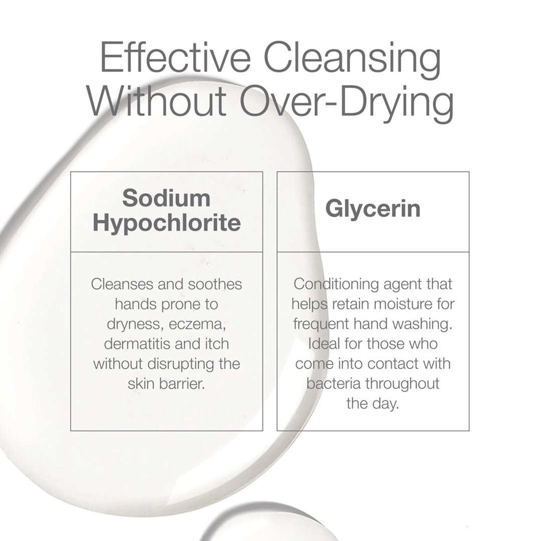 CLn HandWash effective cleansing without over-drying: sodium hypochlorite cleanses and soothes hands prone to dryness, eczema, dermatitis and itch without disrupting the skin barrier, glycerin conditions and helps retain moisture for frequent hand washing