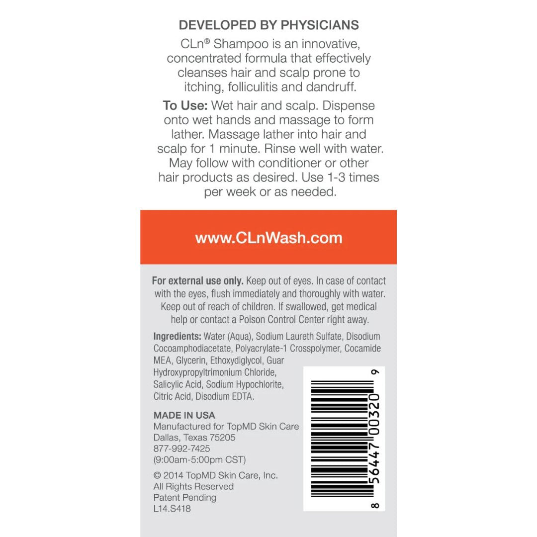 CLn Shampoo back label with product description, how-to-use instructions, and ingredient list including salicylic acid and sodium hypochlorite