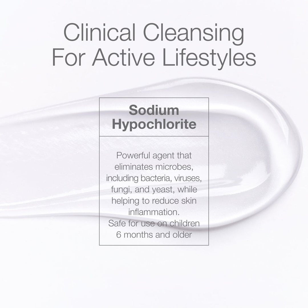 CLn SportWash clinical cleansing for active lifestyles with sodium hypochlorite, a powerful agent that eliminates microbes including bacteria, viruses, fungi and yeast while helping to reduce skin inflammation, safe for use on children 6 months and older