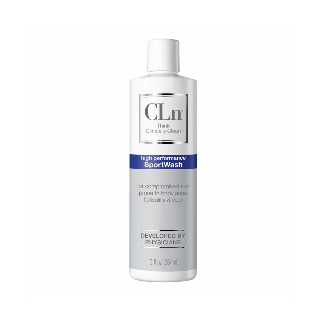 CLn SportWash 12 fl oz bottle, high performance formula for compromised skin prone to body acne, folliculitis and odor