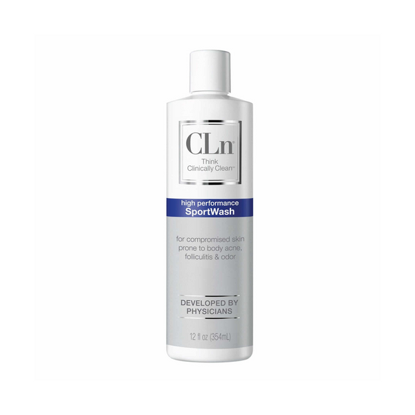 CLn SportWash 12 fl oz bottle, high performance formula for compromised skin prone to body acne, folliculitis and odor