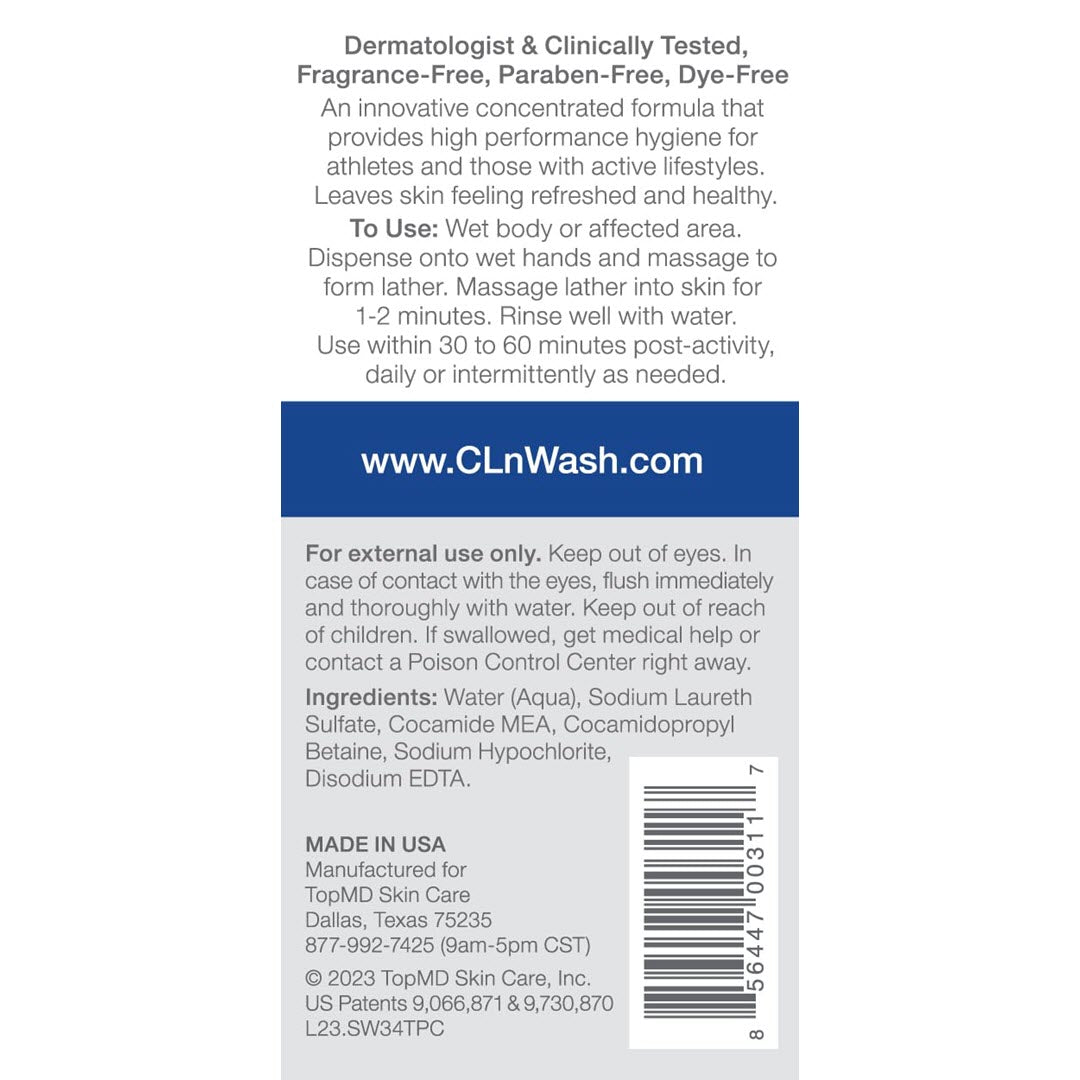 CLn SportWash back label with product description, how-to-use instructions, and ingredient list including sodium hypochlorite