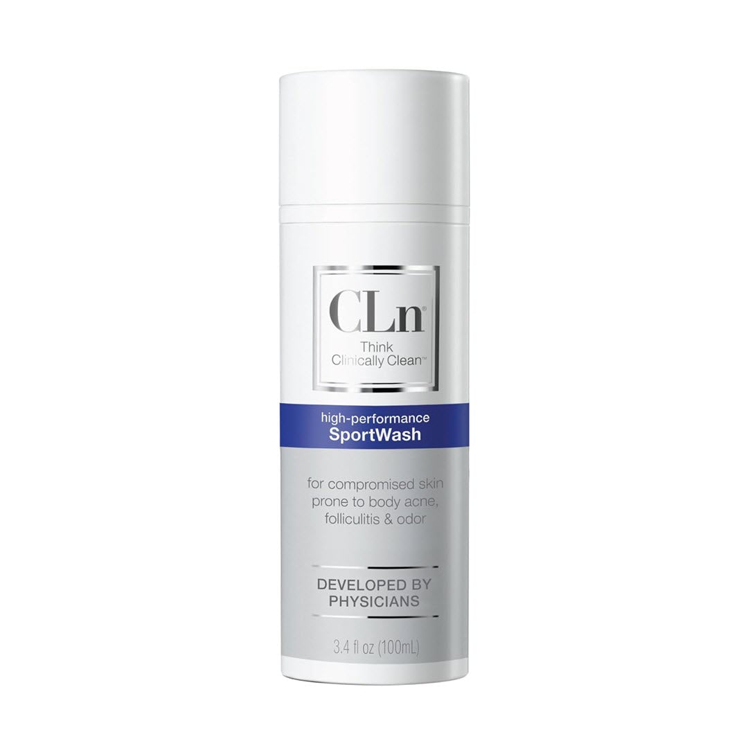 CLn SportWash 3.4 fl oz travel-size bottle, high-performance formula for compromised skin prone to body acne, folliculitis and odor