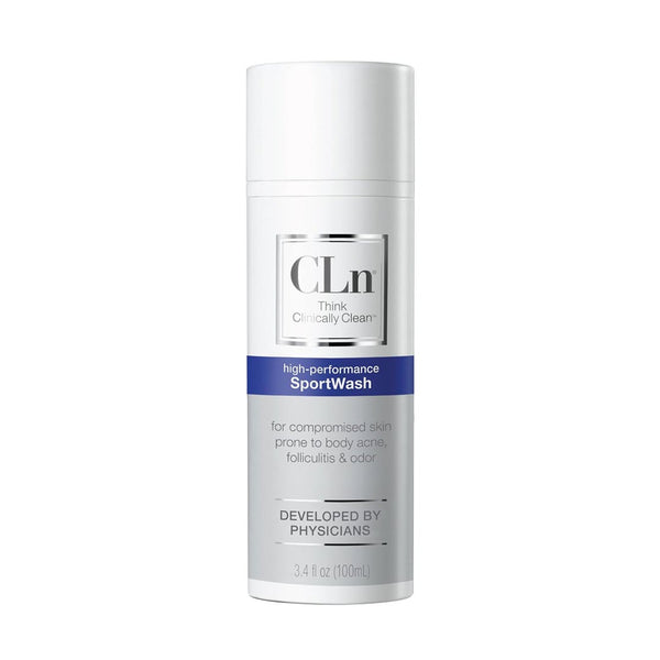 CLn SportWash 3.4 fl oz travel-size bottle, high-performance formula for compromised skin prone to body acne, folliculitis and odor