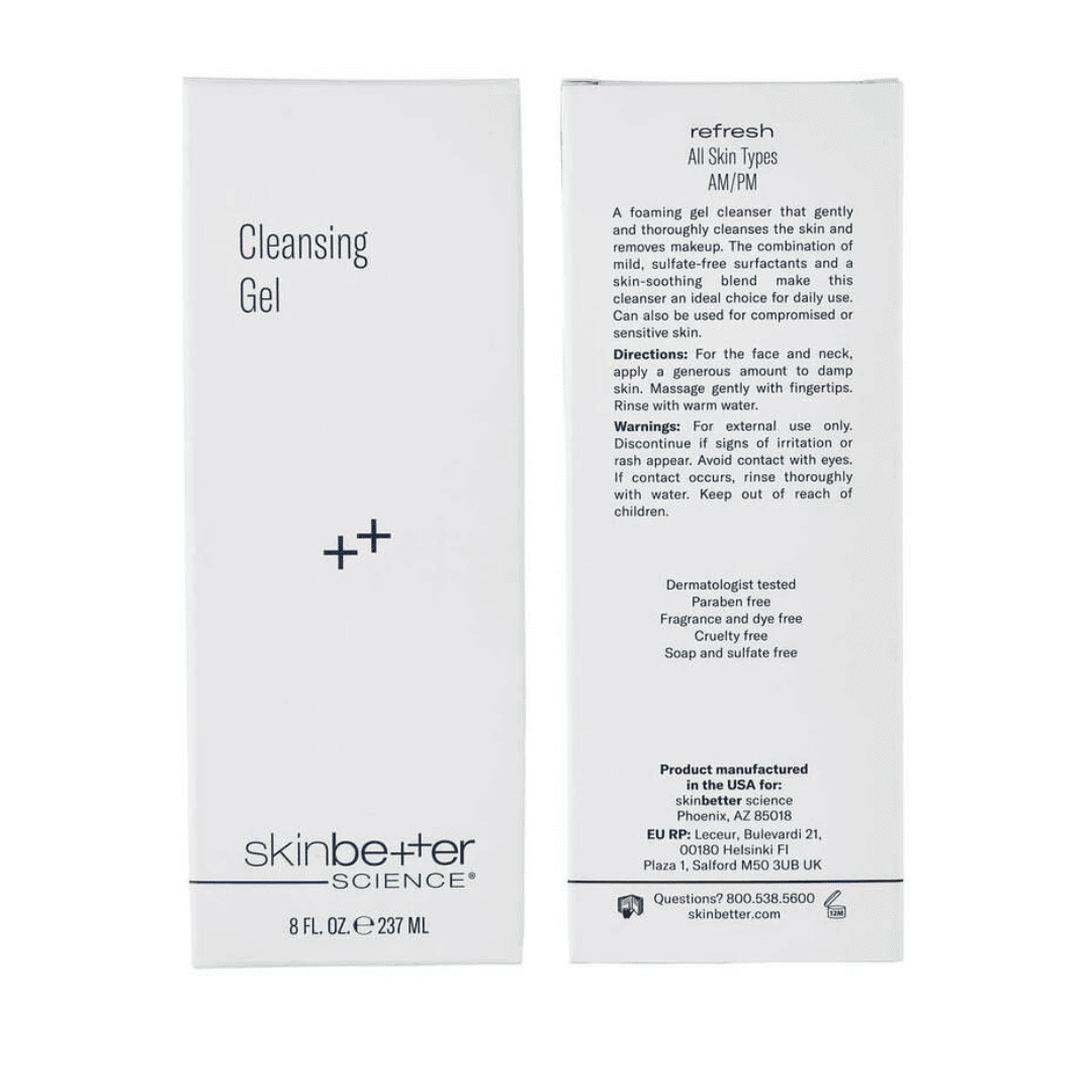 Skinbetter Science Cleansing Gel 8 fl oz front and back packaging – paraben-free, fragrance-free, sulfate-free daily face cleanser for all skin types AM/PM