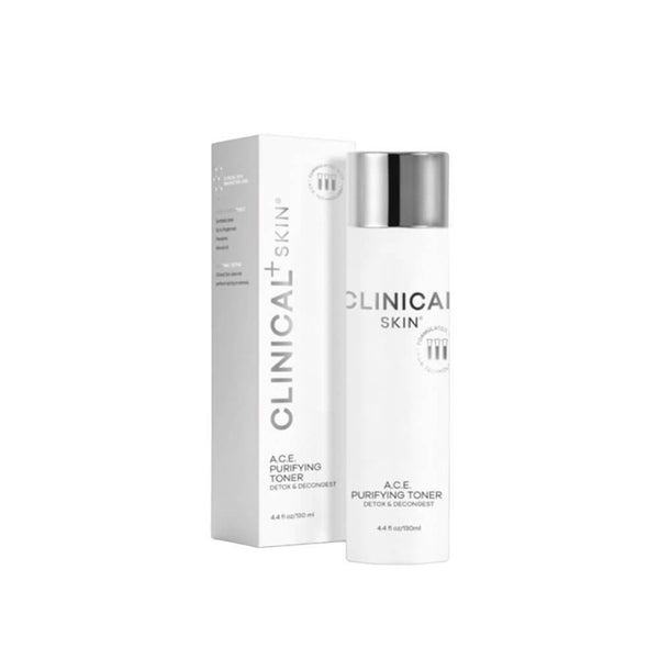 Clinical Skin A.C.E Purifying Toner 4.4 fl oz 130ml – Detox and Decongest face toner with Vitamins A, C and E in white bottle with chrome cap and matching box
