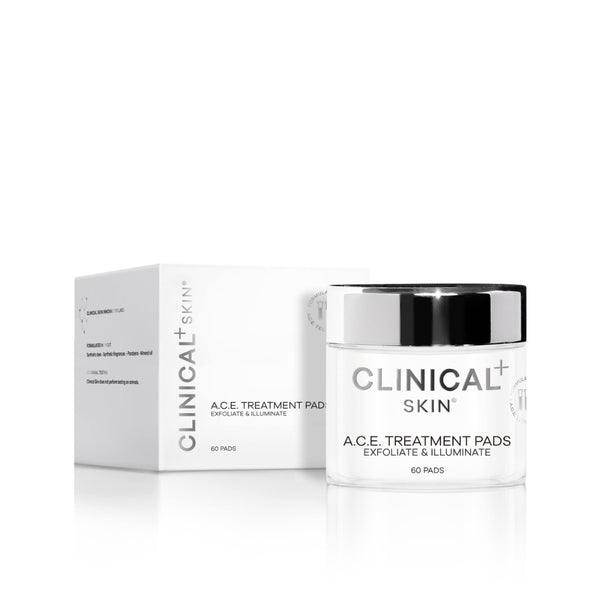 Clinical Skin A.C.E. Treatment Pads 60 Pads – exfoliate and illuminate pre-soaked treatment pads in clear glass jar with chrome lid beside matching white box on white background
