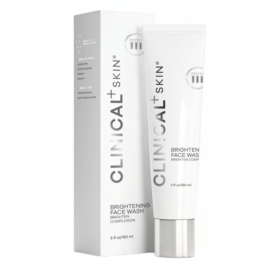 Clinical Skin Brightening Face Wash 5 fl oz tube and box – white squeeze tube with matching box showing Brighten Complexion formula free from synthetic dyes, parabens and mineral oil