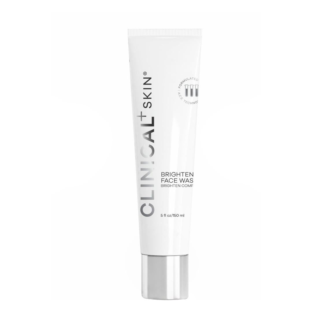 Clinical Skin Brightening Face Wash 5 fl oz 150ml – brightening complexion gel face wash in white squeeze tube with silver cap on white background to even skin tone and brighten dull skin