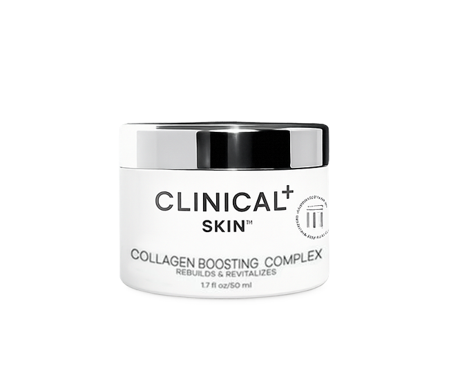 Clinical Skin Collagen Boosting Complex 1.7 oz 50ml – rebuilds and revitalizes skin in white jar with chrome lid to firm, smooth and restore youthful radiance