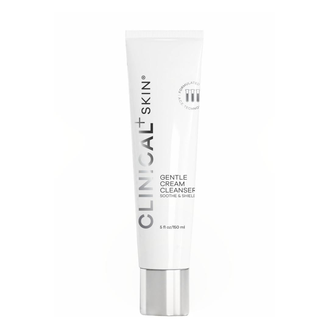 Clinical Skin Gentle Cream Cleanser 5 fl oz 150ml – soothe and shield gentle cream cleanser in white squeeze tube with silver cap on white background for sensitive and dry skin
