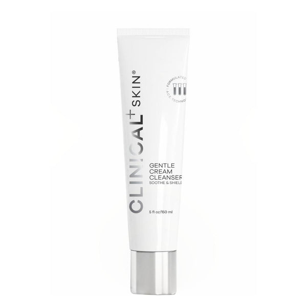 Clinical Skin Gentle Cream Cleanser 5 fl oz 150ml – soothe and shield gentle cream cleanser in white squeeze tube with silver cap on white background for sensitive and dry skin