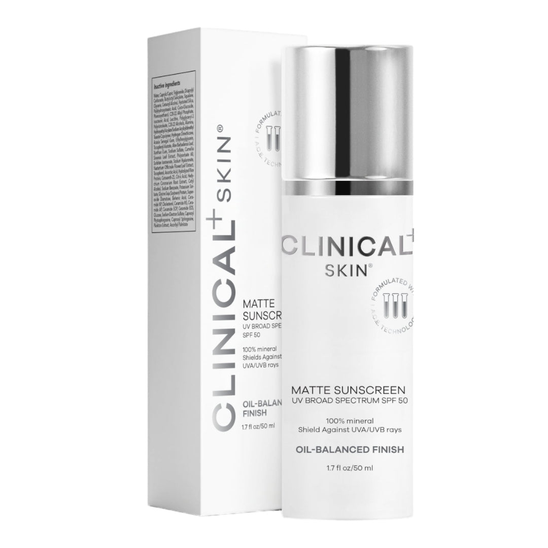 Clinical Skin Matte Sunscreen UV Broad Spectrum SPF 50 1.7 fl oz white pump bottle with box featuring 100% mineral formula with oil-balanced finish