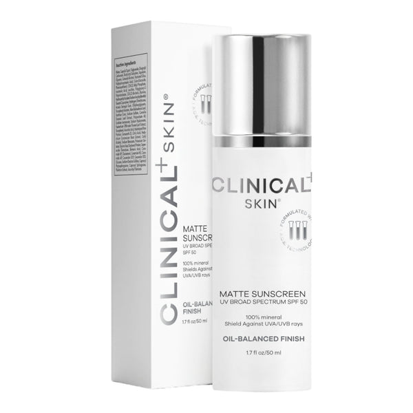 Clinical Skin Matte Sunscreen UV Broad Spectrum SPF 50 1.7 fl oz white pump bottle with box featuring 100% mineral formula with oil-balanced finish