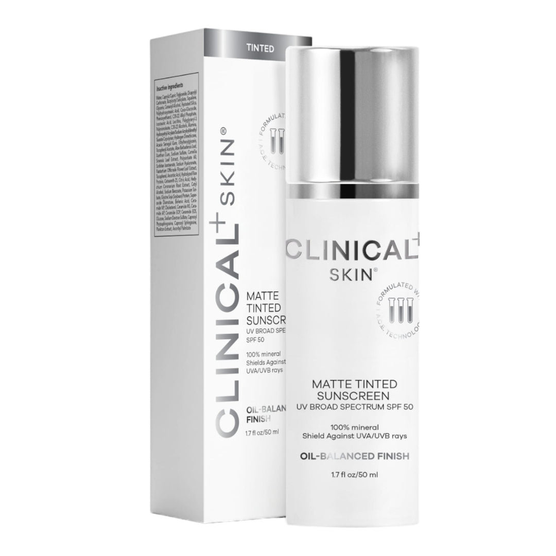 Clinical Skin Matte Tinted Sunscreen UV Broad Spectrum SPF 50 1.7 fl oz white pump bottle with box featuring 100% mineral formula with oil-balanced finish