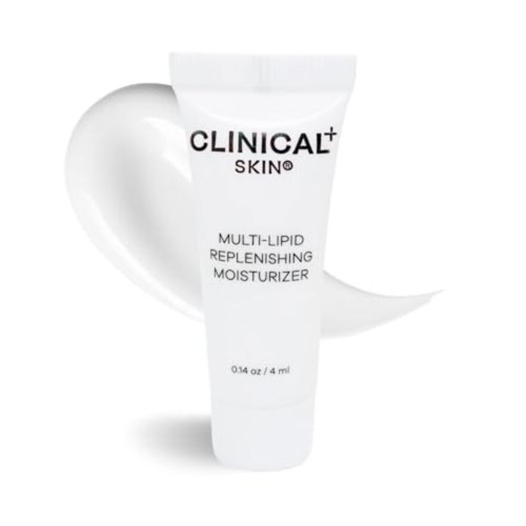 Clinical Skin Multi-Lipid Replenishing Moisturizer 0.14 oz travel size white squeeze tube with rich cream swatch on white background