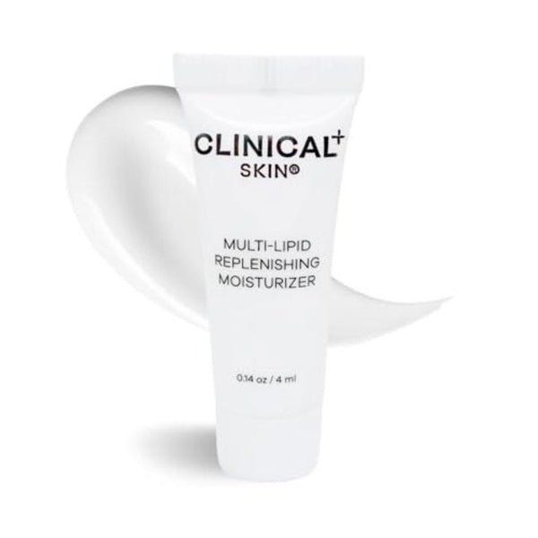 Clinical Skin Multi-Lipid Replenishing Moisturizer 0.14 oz travel size white squeeze tube with rich cream swatch on white background