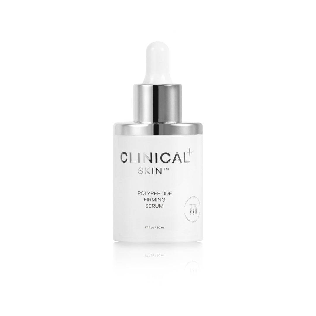 Clinical Skin Polypeptide Firming Serum 1.7 fl oz 50ml – polypeptide-powered firming serum in white dropper bottle with chrome collar on white background to firm, lift and smooth skin
