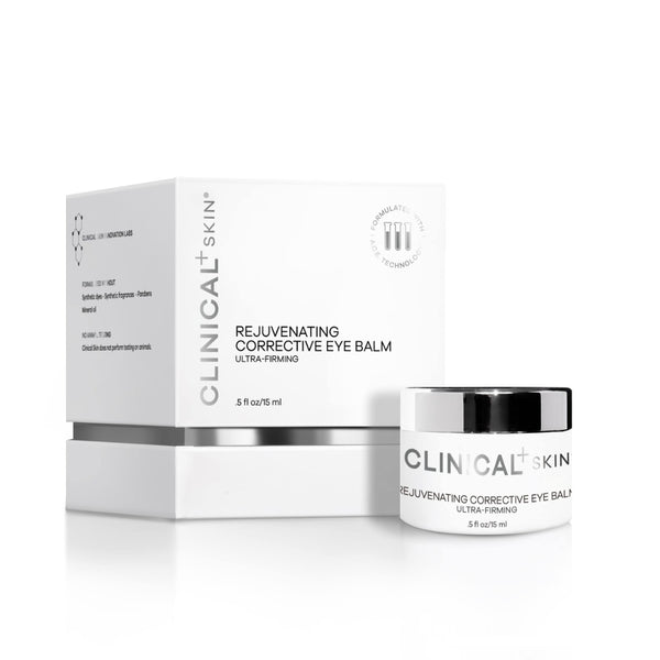 Clinical Skin Rejuvenating Corrective Eye Balm 0.5 fl oz 15ml – ultra-firming eye balm in white jar with chrome lid beside matching white box to rejuvenate and firm the delicate eye area
