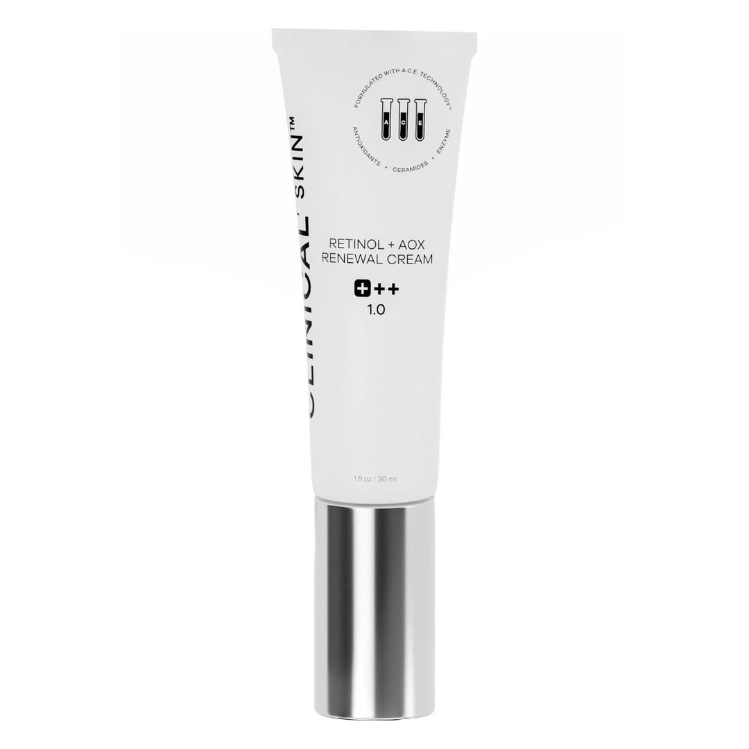 Clinical Skin Retinol AOX Renewal Cream 1 oz white tube with silver cap showing strength 1.0 formula on white background