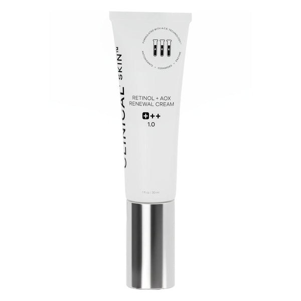 Clinical Skin Retinol AOX Renewal Cream 1 oz white tube with silver cap showing strength 1.0 formula on white background