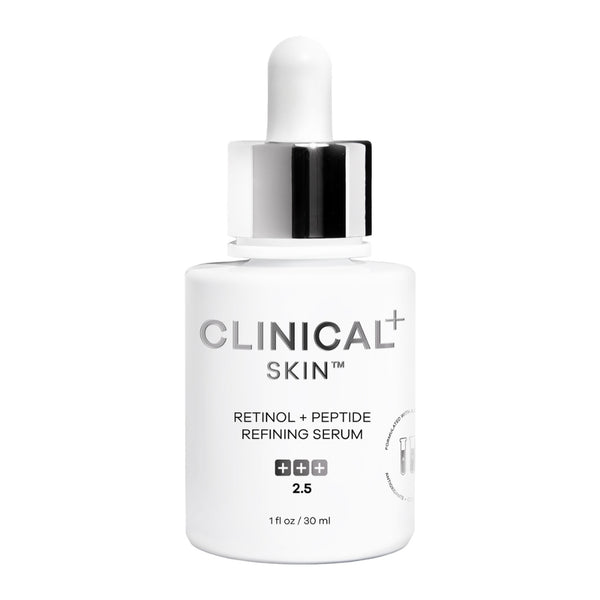 Clinical Skin Retinol + Peptide Refining Serum 1 oz 30ml – strength 2.5 retinol and peptide serum in white dropper bottle with chrome collar on white background to refine skin texture and reduce fine lines