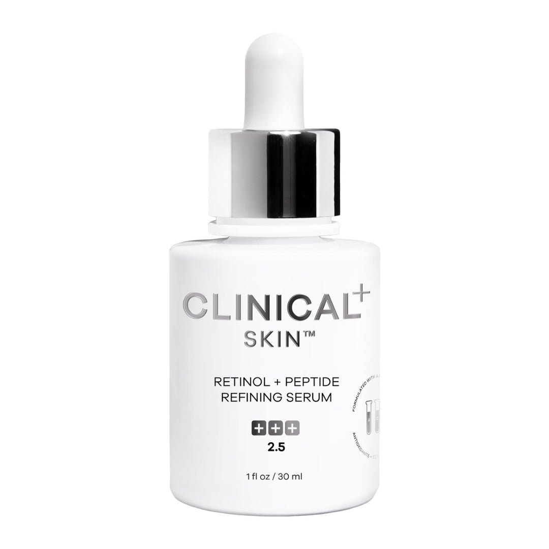 Clinical Skin Retinol + Peptide Refining Serum 1 oz 30ml – strength 2.5 retinol and peptide serum in white dropper bottle with chrome collar on white background to refine skin texture and reduce fine lines