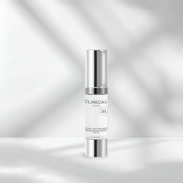 Clinical Skin Ultra-Light Balance Renew Moisturizer 1.7 fl oz 50ml – sheer veil lightweight moisturizer in white pump bottle with chrome head on gray background to balance and renew skin