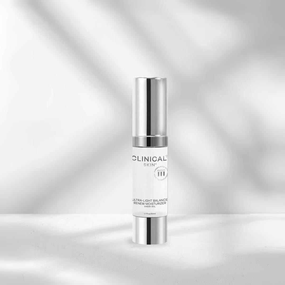 Clinical Skin Ultra-Light Balance Renew Moisturizer 1.7 fl oz 50ml – sheer veil lightweight moisturizer in white pump bottle with chrome head on gray background to balance and renew skin