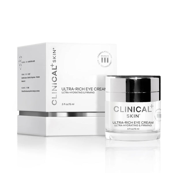 Clinical Skin Ultra-Rich Eye Cream 0.5oz 15ml – ultra-hydrating and firming eye cream in clear glass jar with chrome lid beside matching white box on white background