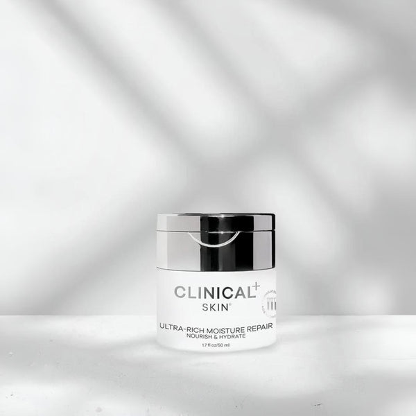 Clinical Skin Ultra-Rich Moisture Repair 1.7 fl oz 50ml – nourish and hydrate face moisturizer in white jar with chrome mirror lid on gray background for deep moisture repair and skin nourishment