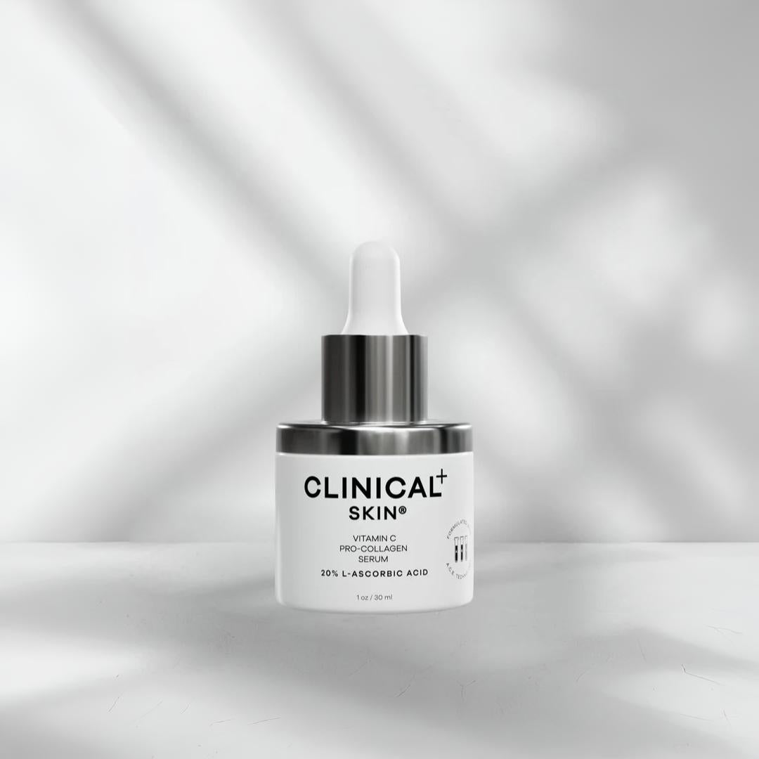 Clinical Skin Vitamin C Pro-Collagen Serum 1 fl oz 30ml – 20% L-Ascorbic Acid in white dropper bottle with chrome collar to brighten skin tone, firm and boost collagen production