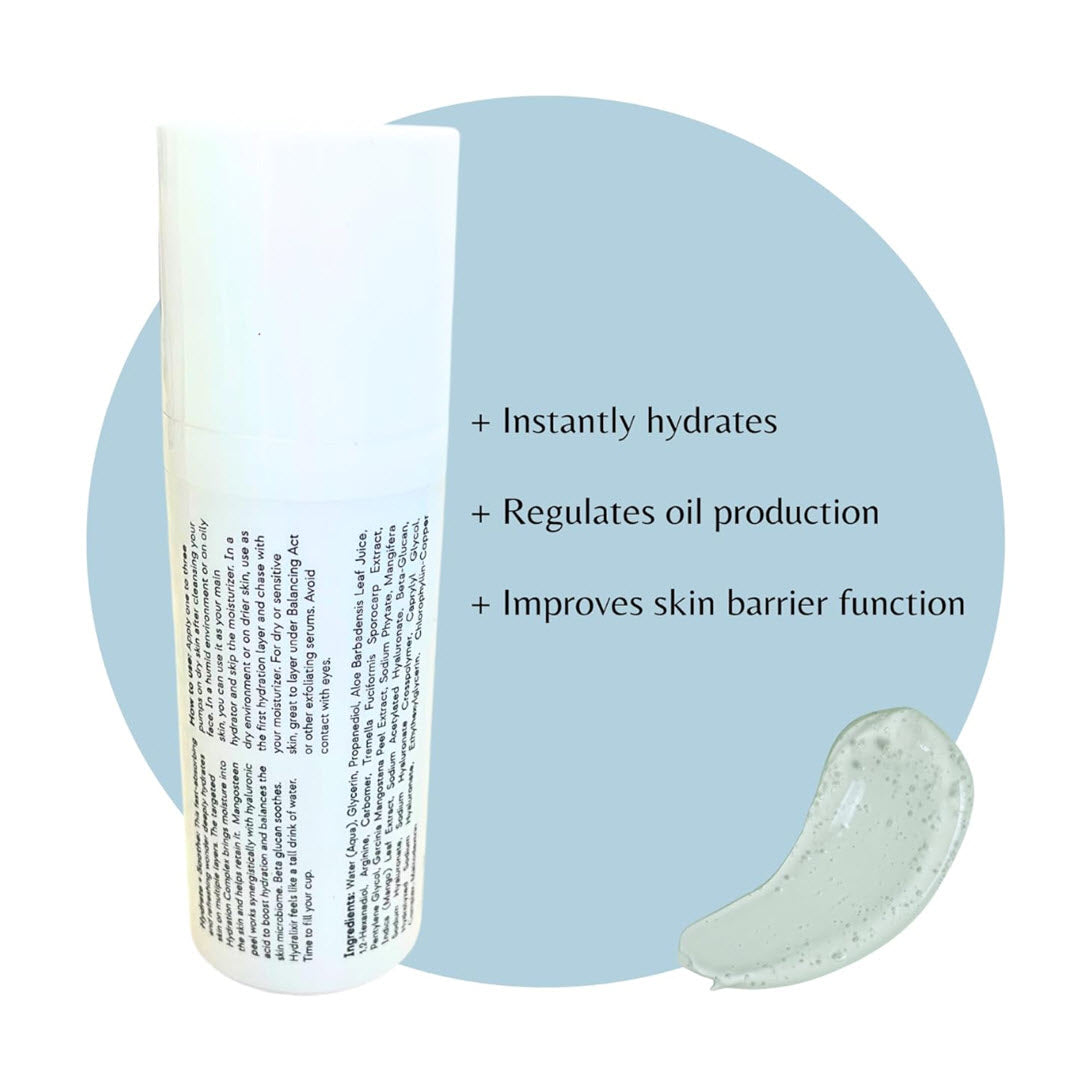 Cool As A Cucumber Hydralixir Quenching Gel Serum bottle showing ingredient list and key benefits: instantly hydrates, regulates oil production, improves skin barrier function, with translucent green gel texture swatch