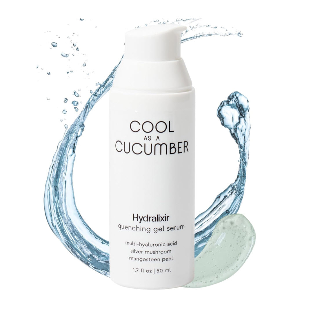 Cool As A Cucumber Hydralixir Quenching Gel Serum 1.7 fl oz pump bottle surrounded by splashing water, with multi-hyaluronic acid, silver mushroom, and mangosteen peel
