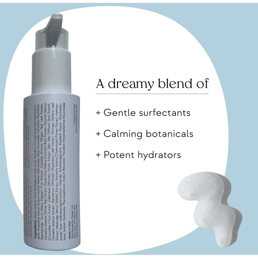 Cool As A Cucumber Soothe Operator Silky Gel Cleanser bottle showing full ingredient list, a dreamy blend of gentle surfactants, calming botanicals, and potent hydrators, with gel texture swatch