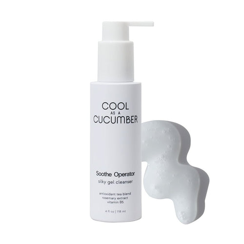 Cool As A Cucumber Soothe Operator Silky Gel Cleanser 4 fl oz pump bottle with antioxidant tea blend, rosemary extract, and vitamin B5, shown against a white background with gel texture swatch