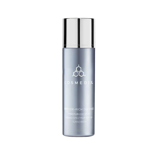 Cosmedix Peptide-Rich Defense Moisturizer SPF 50 bottle shown against a white background